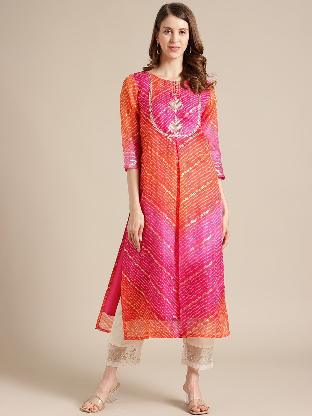Varanga Women Pink & Orange Striped Gotta Patti Cotton Kurta
