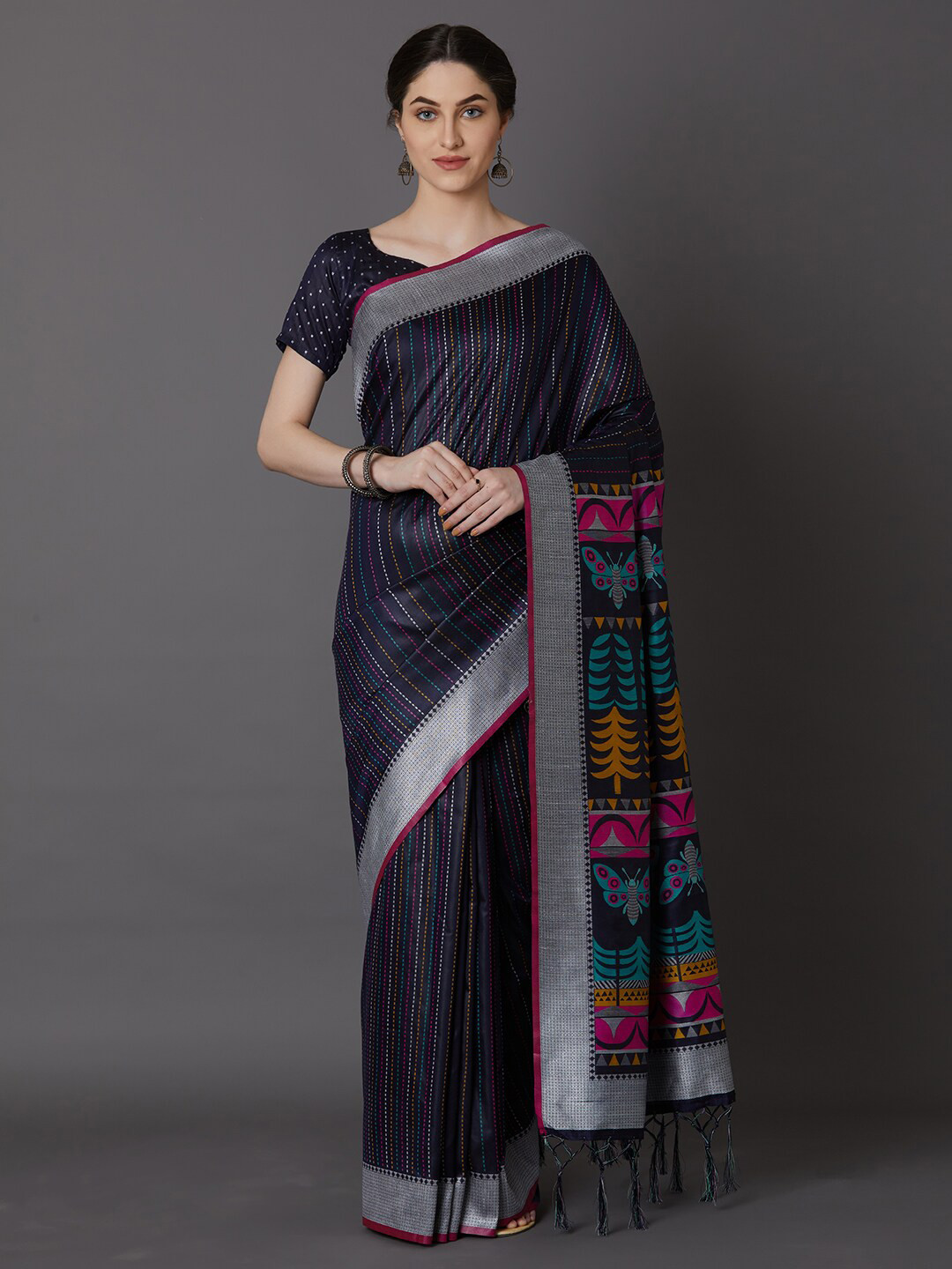 Mitera Navy Blue & Pink Striped Silk Cotton Saree