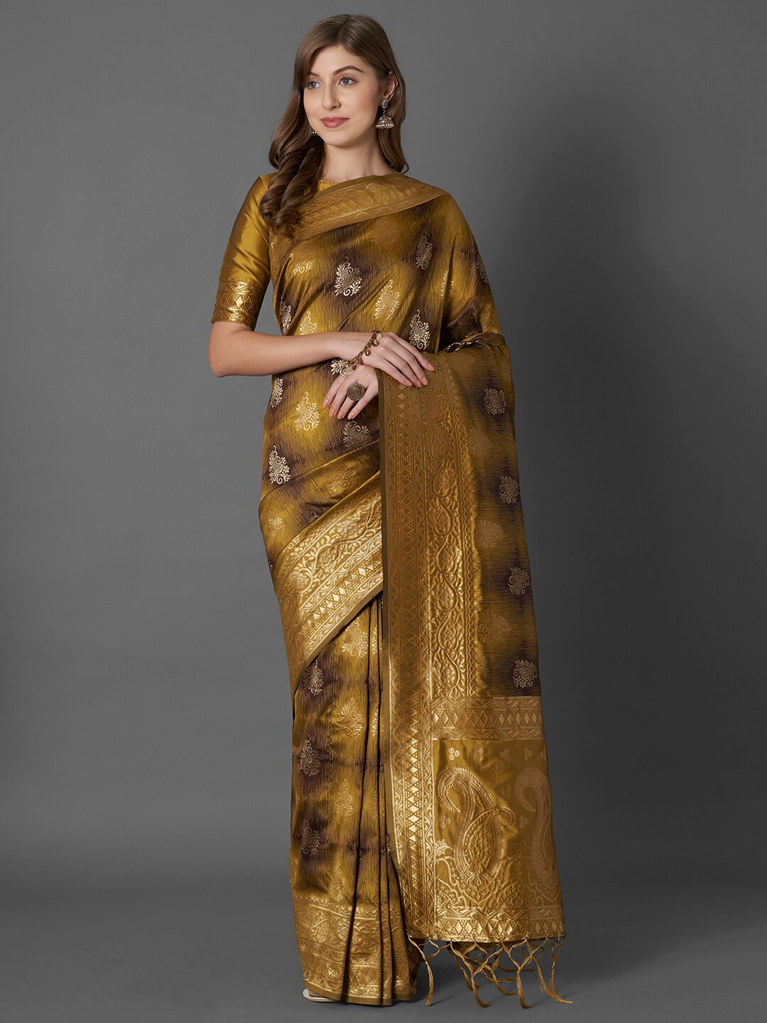 Mitera Olive Paisley Silk Blend Banarasi Saree