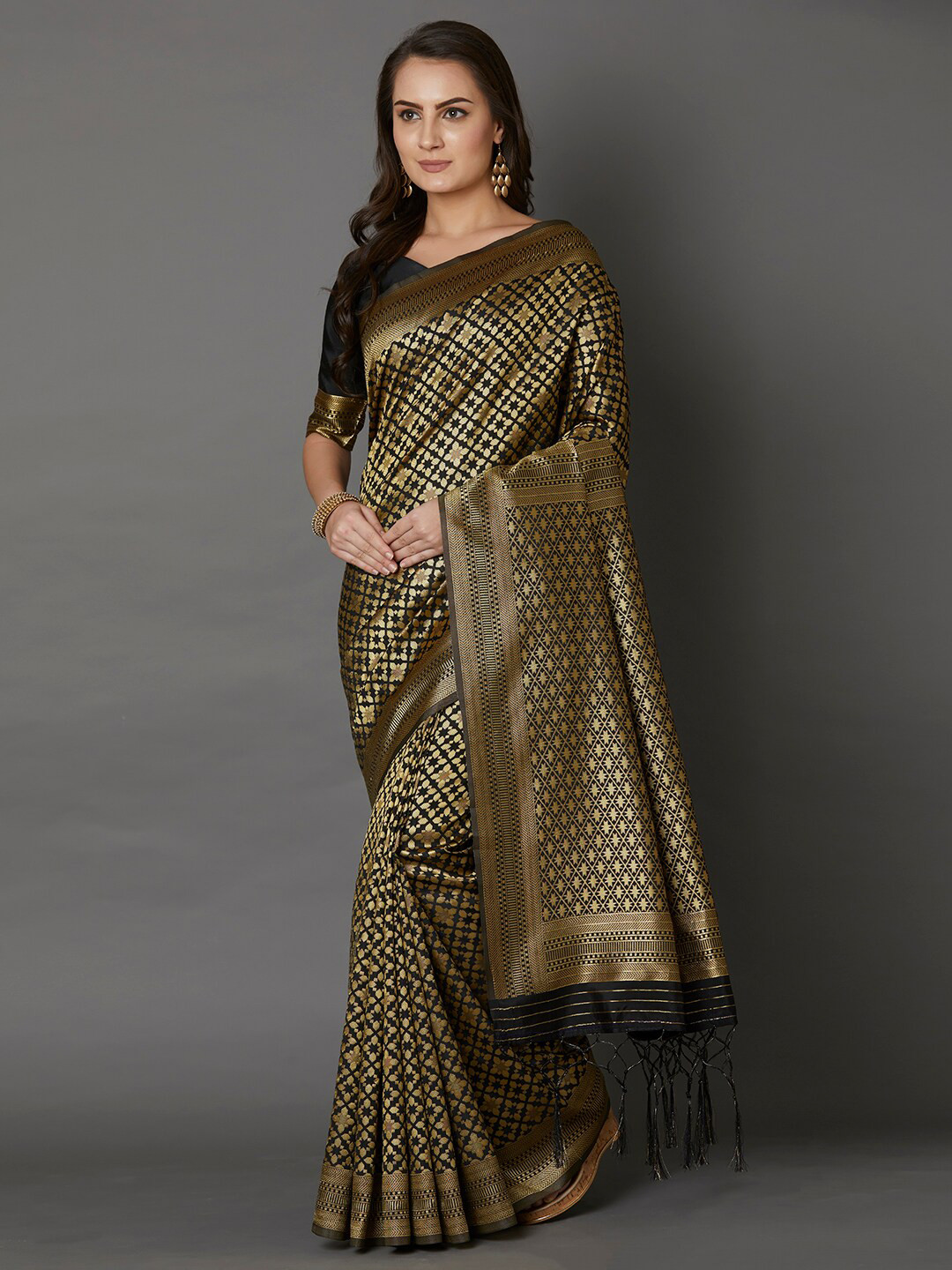 Mitera Black & Gold-Toned Woven Design Zari Saree