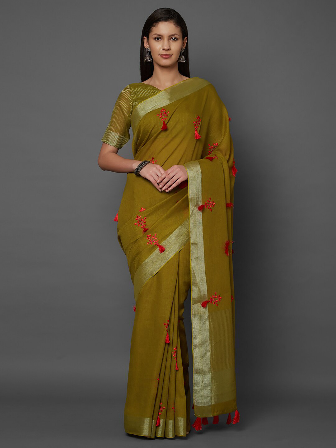 Mitera Olive & Pink Floral Linen Blend Saree