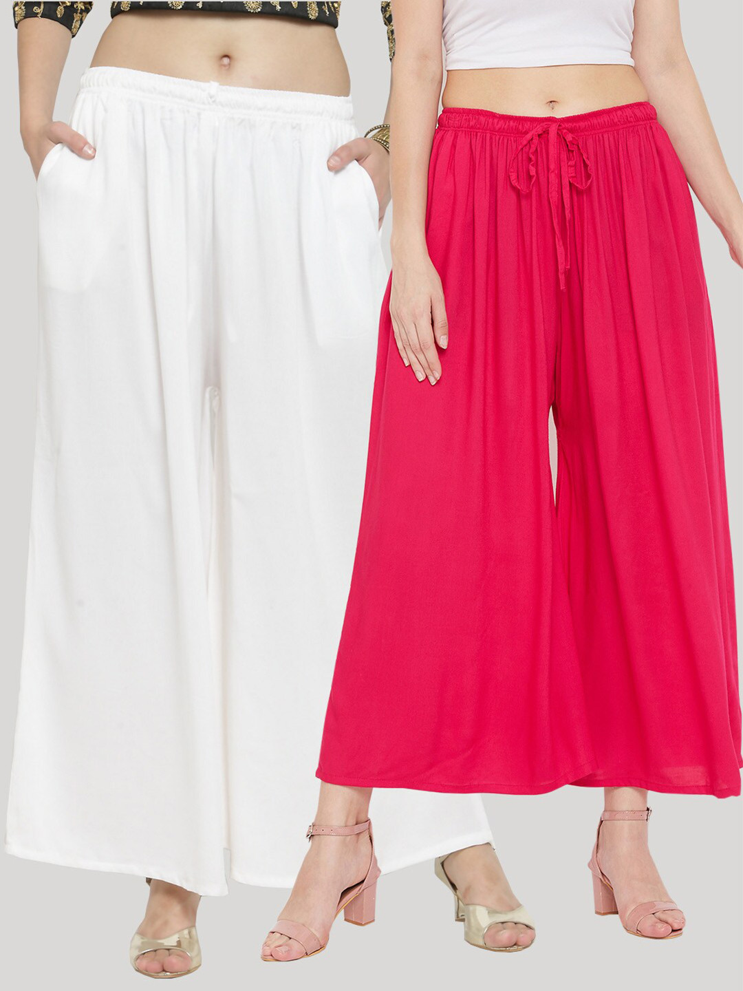 Clora Creation Women Pack Of 2 White & Fuchsia Knitted Ethnic Palazzos