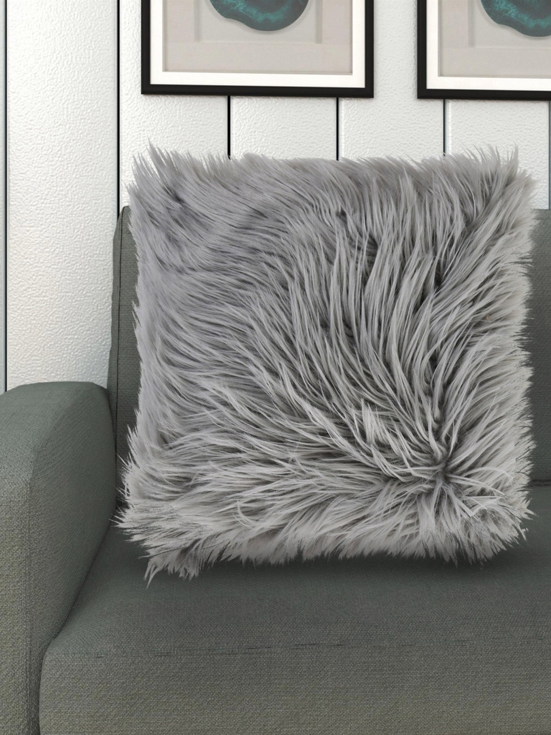 Home Centre Grey Solid Fur Filled Cotton Cushion