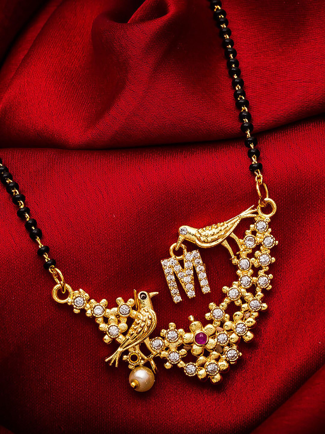 aadita Gold-Plated Black & White AD-Studded & Beaded Alphabet Initials Letter M Mangalsutra