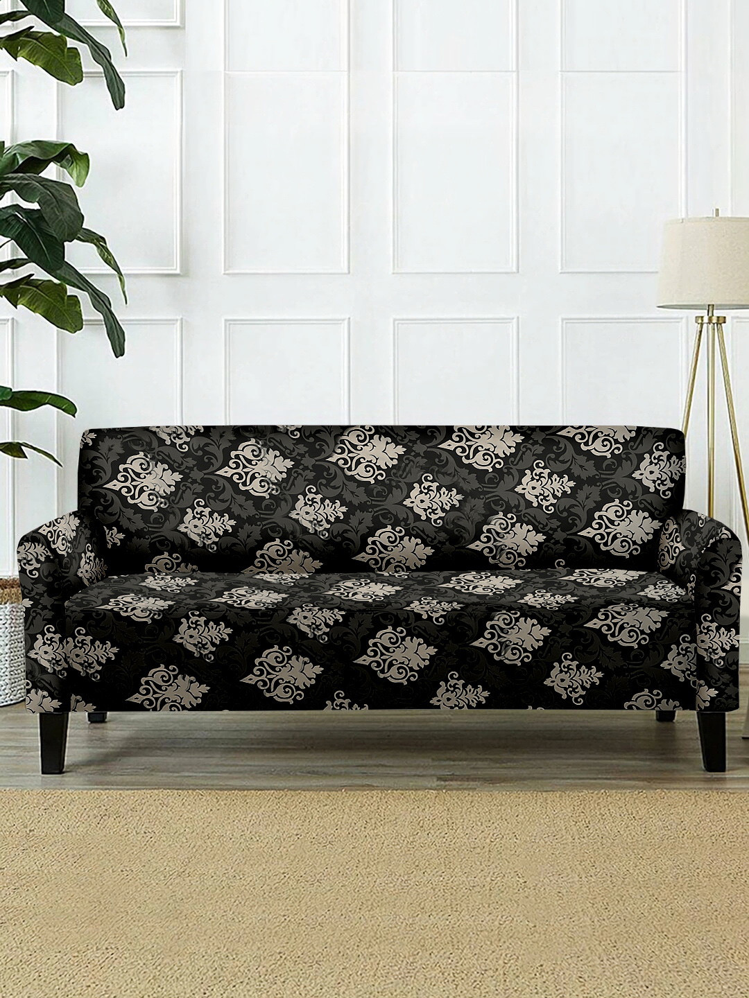 Cortina Black & Off-White Ethnic Motifs Printed 2-Seater Super-Stretchable Non-Slip Sofa Slipcover