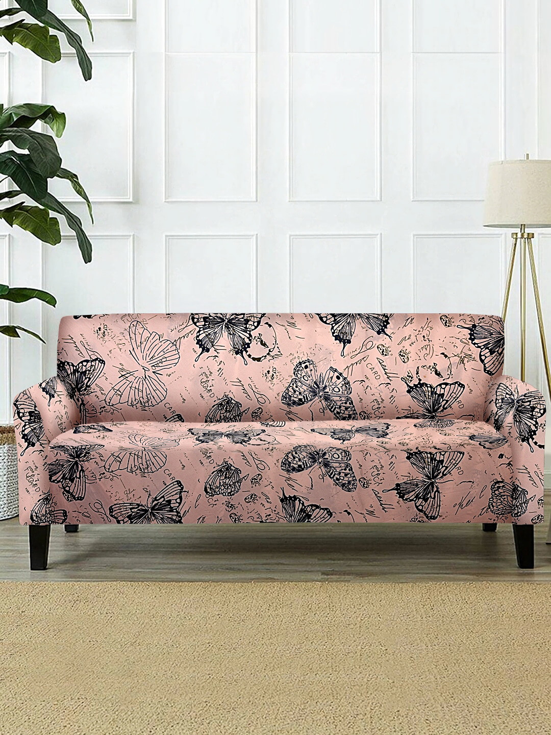Cortina Beige & Black Butterfly Printed 2-Seater Super-Stretchable Non-Slip Sofa Slipcover