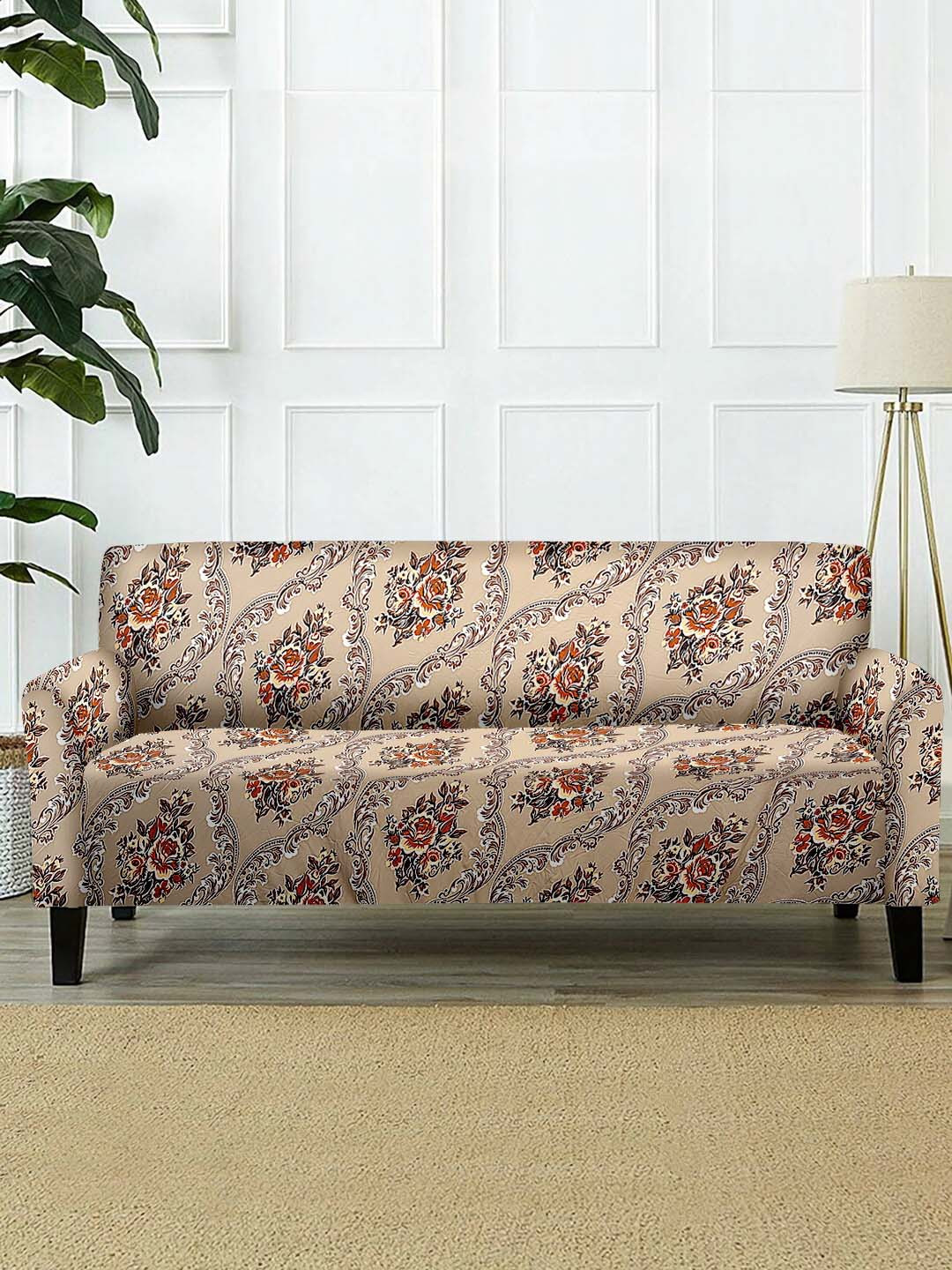 Cortina Orange & Beige Printed 2-Seater Stretchable Non-Slip Sofa Slipcover