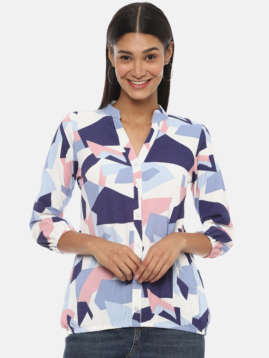 PINACOLADA White & Blue Geometric Puff Sleeve Shirt Style Top
