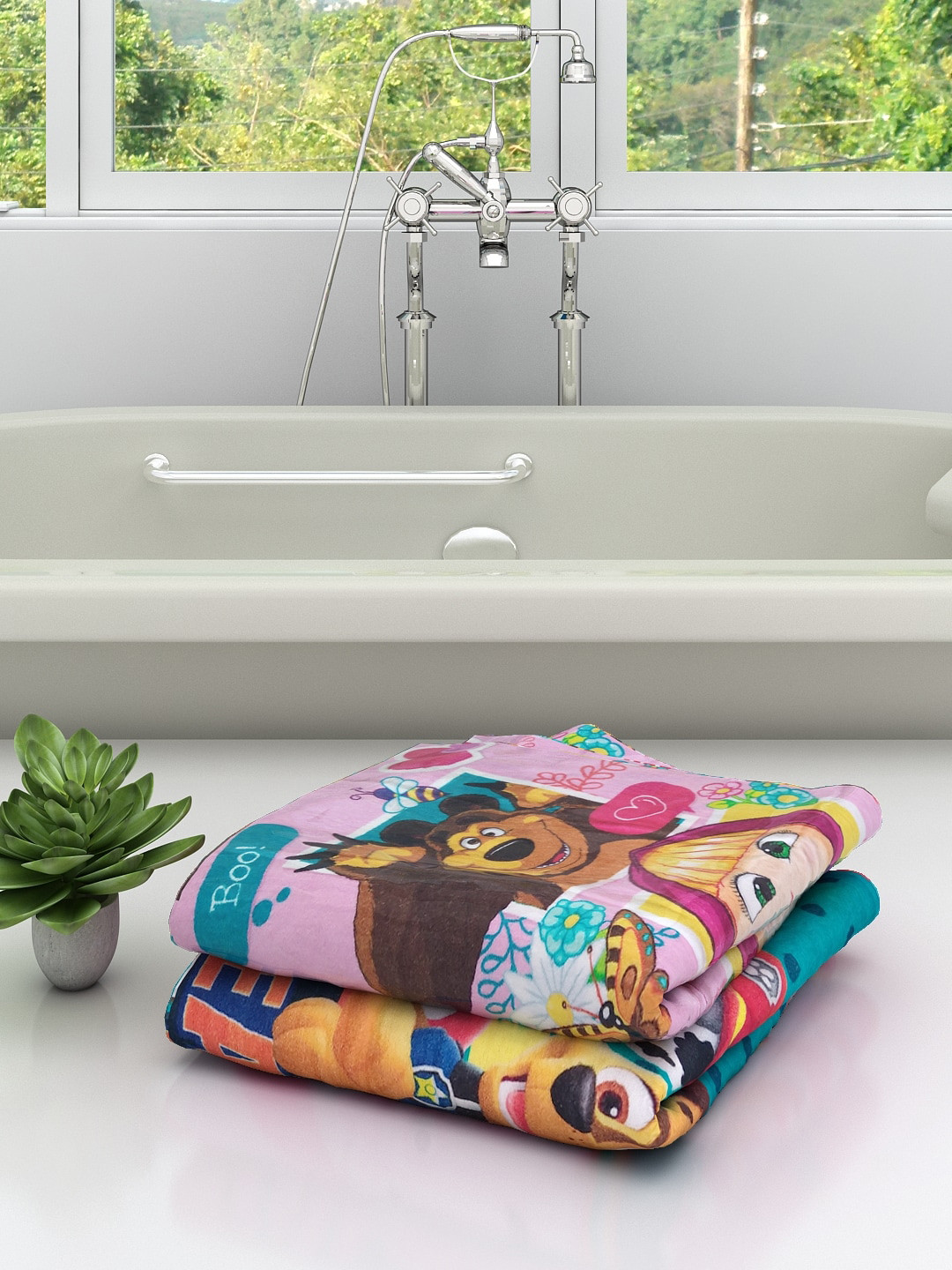 Athom Trendz Set Of 2 Mesh & The Bear Paw Patrol Printed 350 GSM Pure Cotton Bath Towels