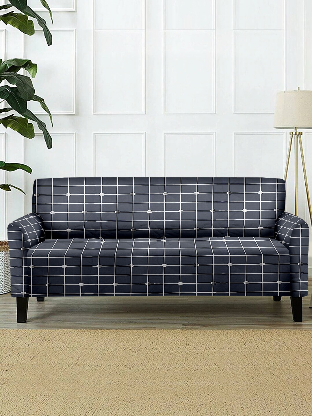 Cortina Grey & White Checked 2-Seater Super-Stretchable Non-Slip Sofa Slipcover