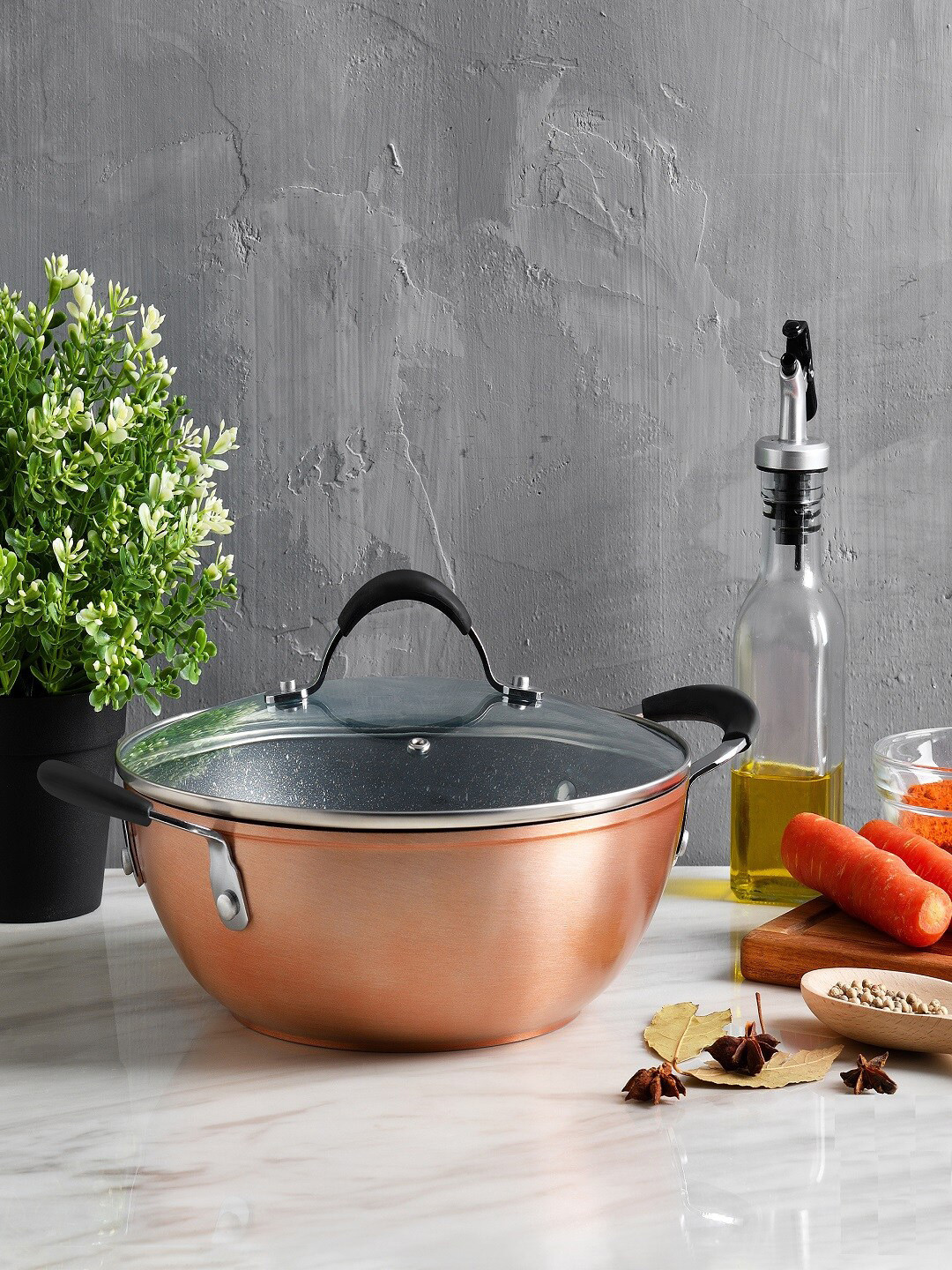 BERGNER Copper Solid Infinity Chefs Forged Aluminium Non Stick Kadai With Glass Lid