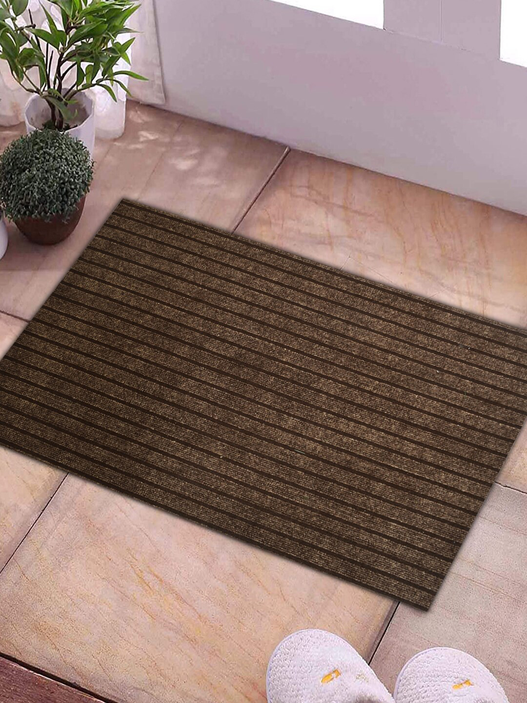 Kuber Industries Brown Striped All Weather Anti-Skid Microfibre Doormats