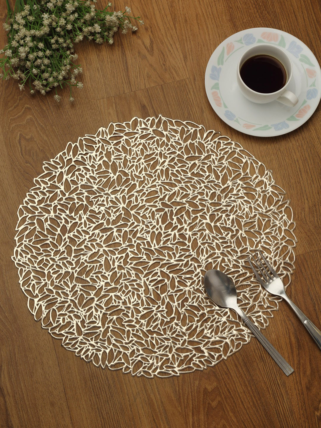 HOSTA HOMES Set Of 6 Gold-Coloured Leatherite Round Table Placemats