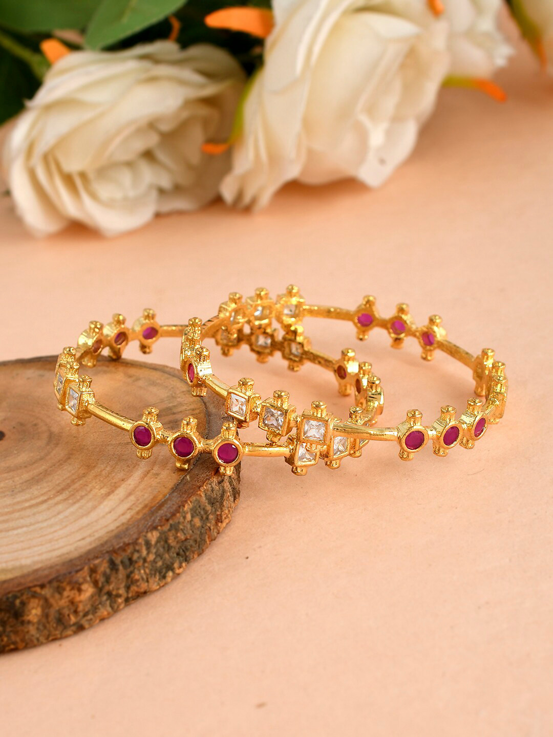 Silvermerc Designs Set Of 2 Gold-Plated White & Pink AD-Studded Handcrafted Bangles