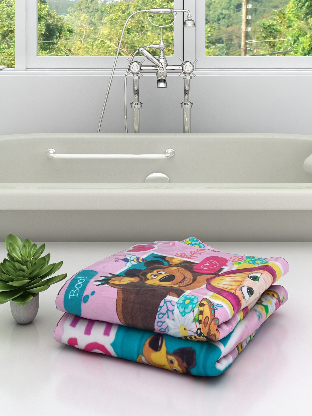 Athom Trendz Kids Set Of 2 Multi Mash & The Bear Printed 350 GSM Pure Cotton Bath Towels