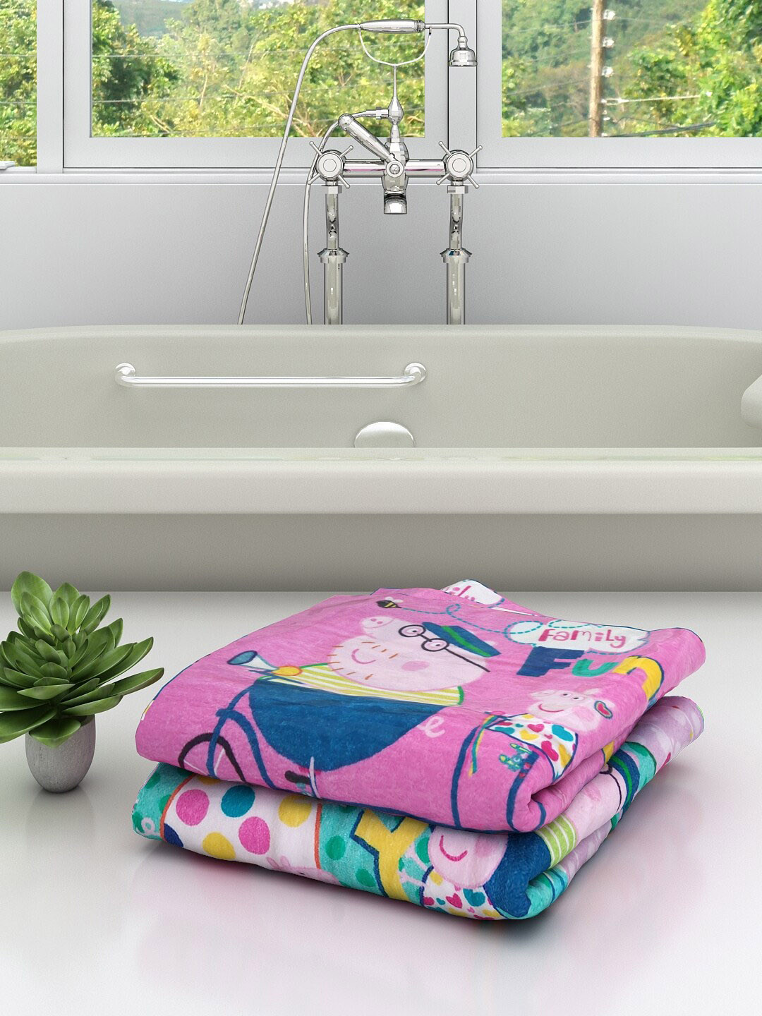 Athom Trendz Set Of 2 Peppa Pig Printed 350 GSM Pure Cotton Bath Towels for Kids