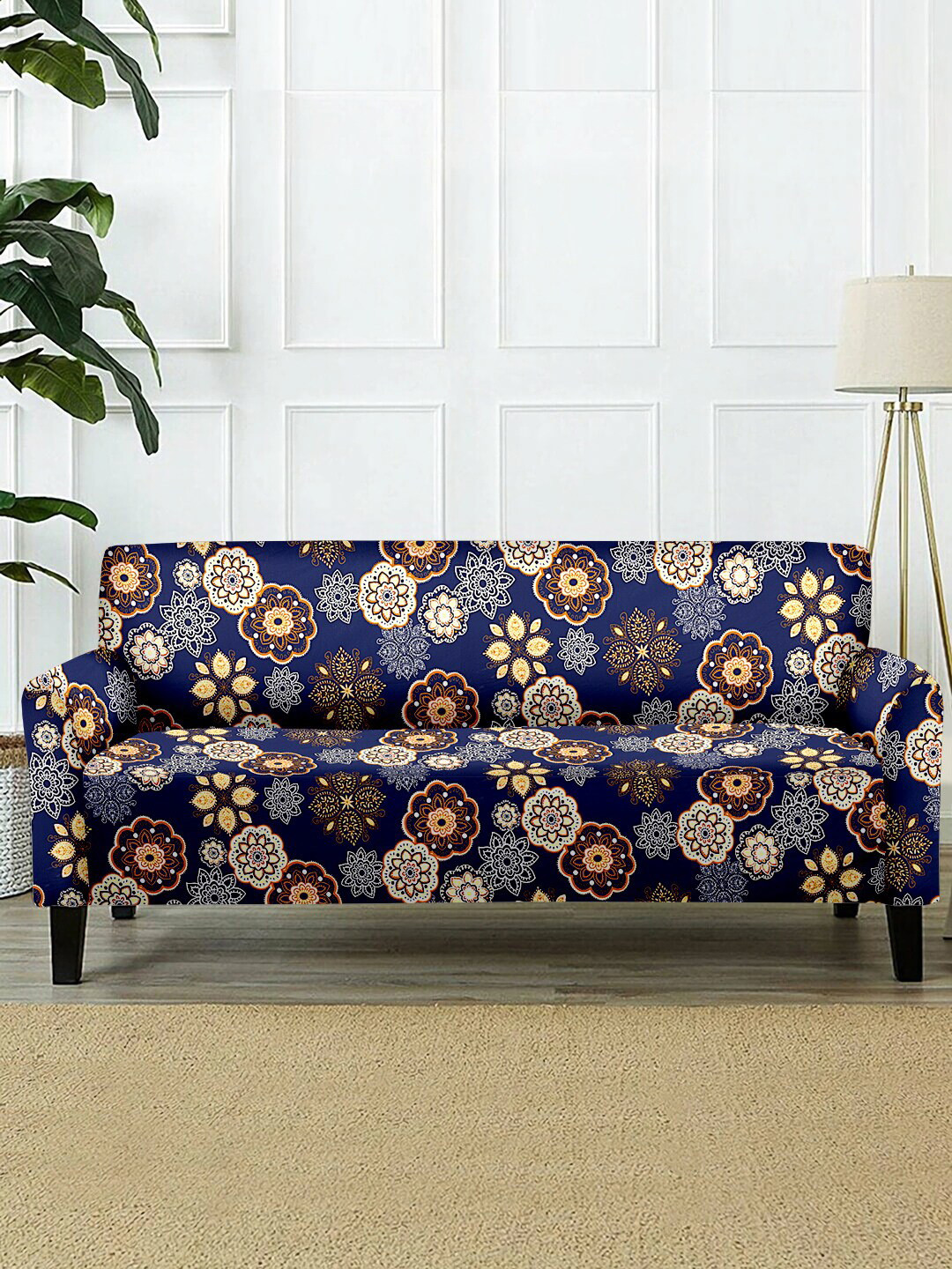 Cortina Blue & Orange Floral Printed 3-Seater Super-Stretchable Non-Slip Sofa Slipcover