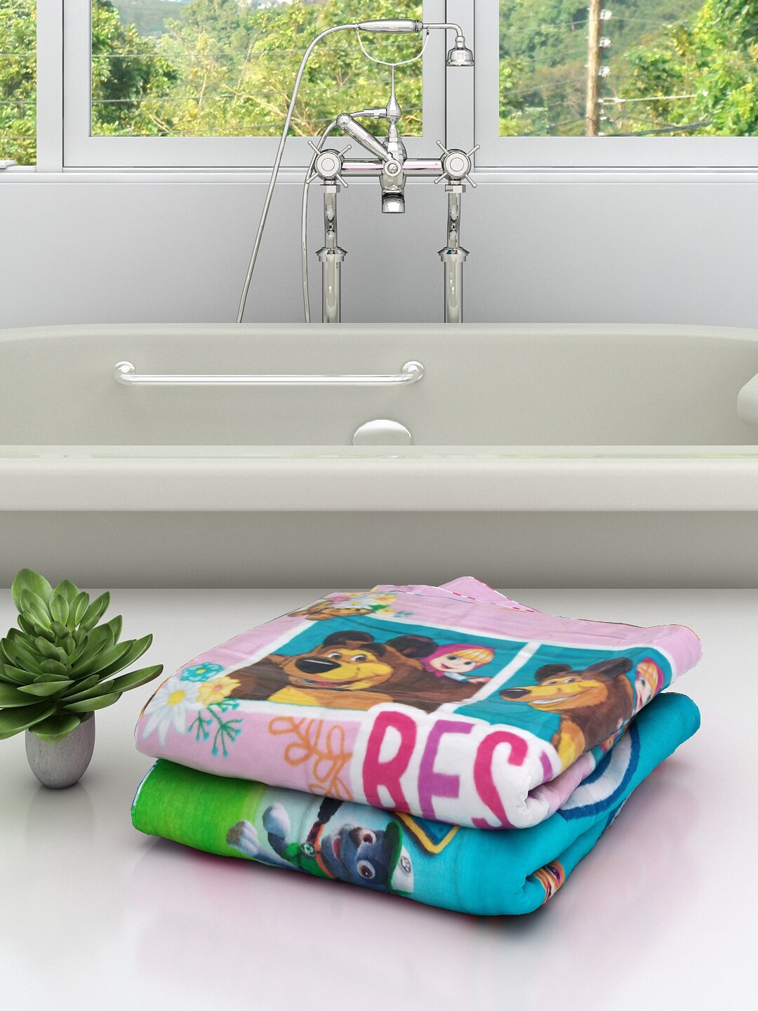 Athom Trendz Unisex Kids Set Of 2 Masha The Bear And Paw Patrol Printed 350 GSM Pure Cotton Medium Bath Towels