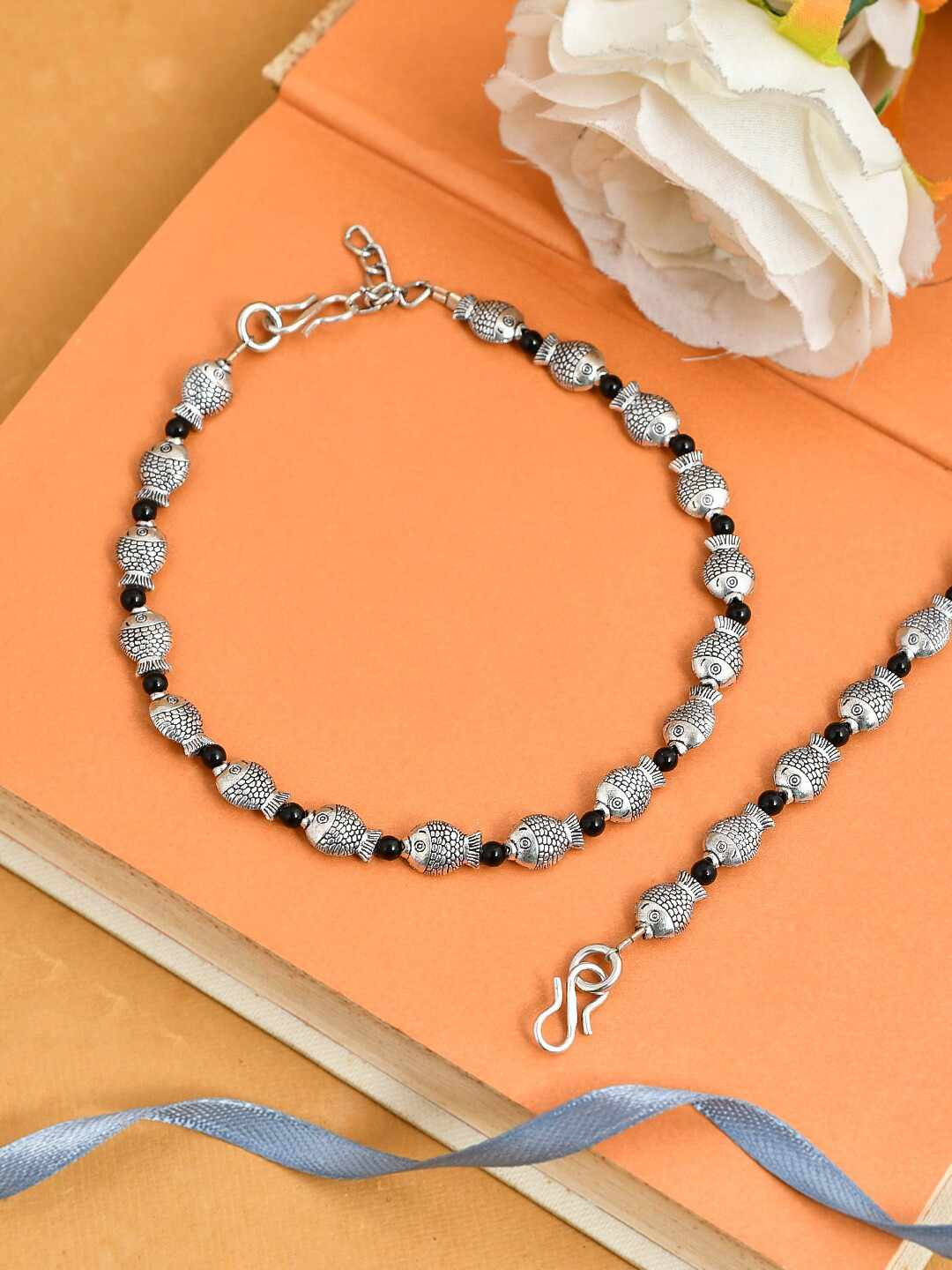 Silvermerc Designs Set of 2 Silver-Plated Black Beads Handcrafted Evil Eye Anklets