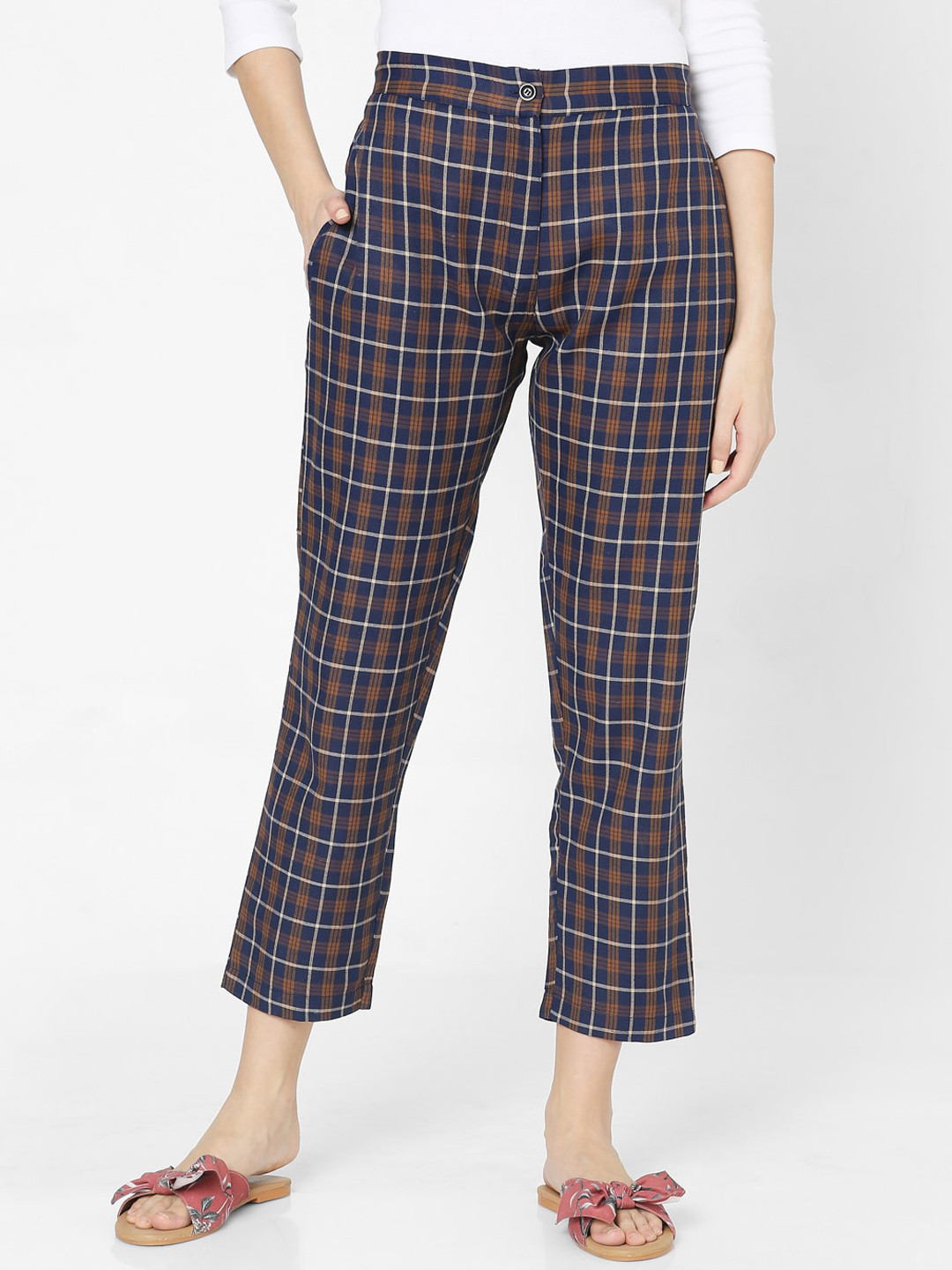Smarty Pants Women Brown Checked Flared Trousers
