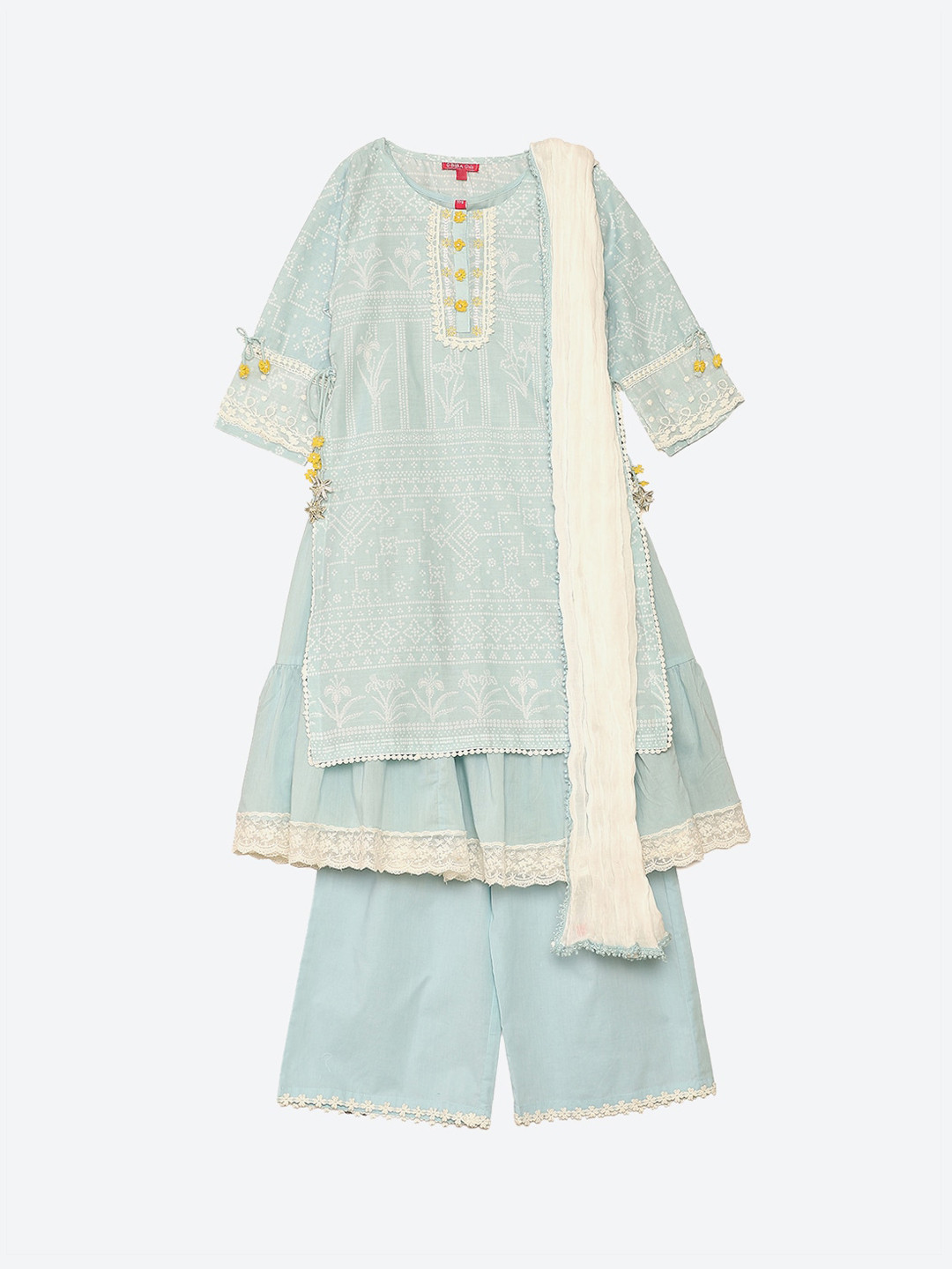 Biba Girls Blue Ethnic Motifs Layered Kurta with Palazzos & Dupatta & 2-Ply Cloth Mask