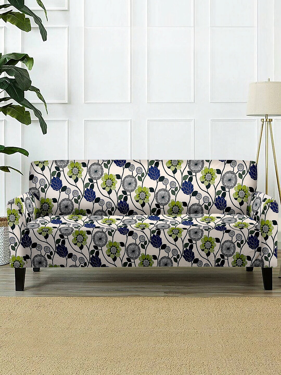 Cortina White & Blue Floral Printed 3-Seater Super-Stretchable Non-Slip Sofa Slipcover