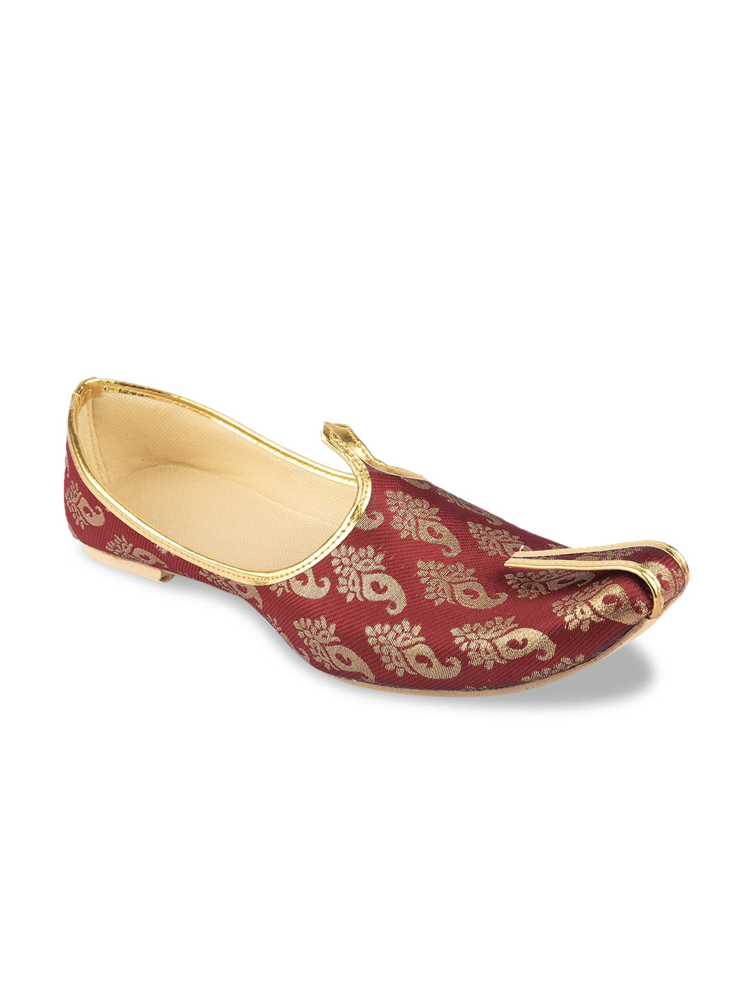 DESI COLOUR Men Maroon & Gold-Toned Ethnic Motifs Printed Mojaris