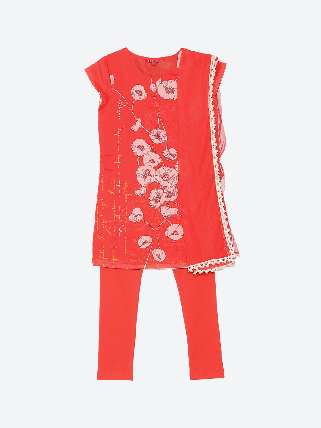 Biba Girls Red Floral Printed Kurta with Churidar & Dupatta & 2-Ply Cloth Mask