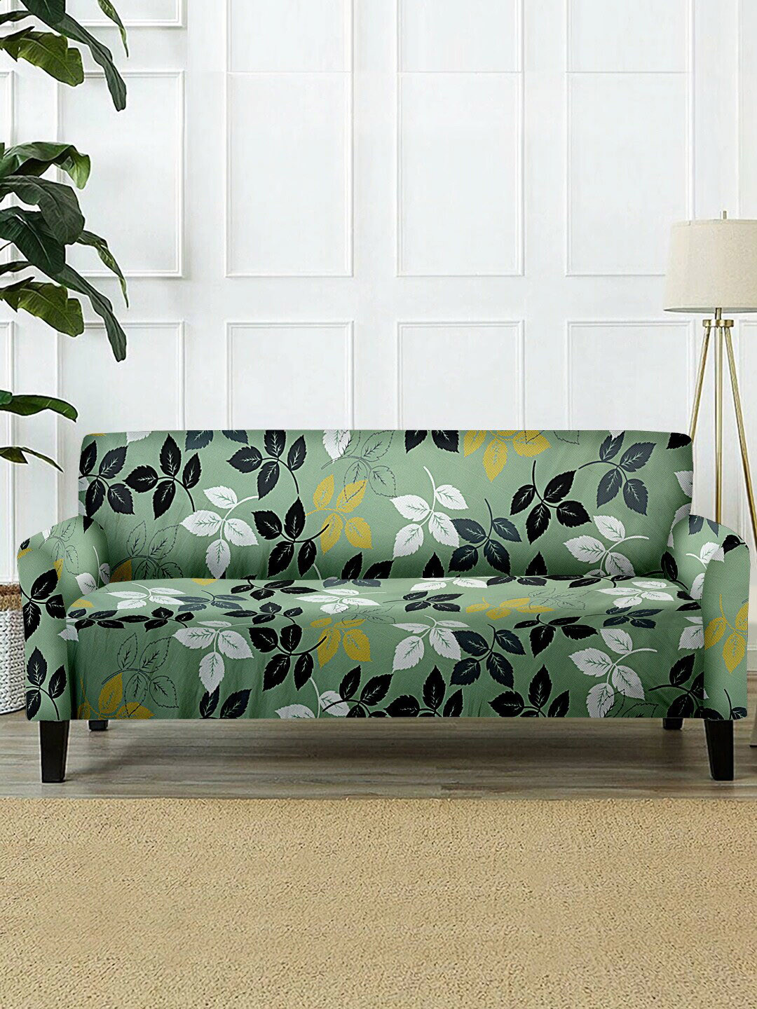 Cortina Green & White Printed 3-Seater Super-Stretchable Non-Slip Sofa Slipcovers