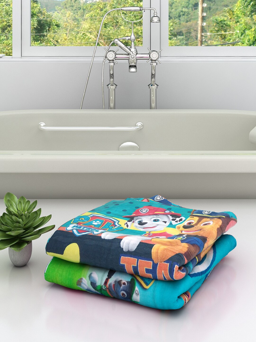 Athom Trendz Unisex Kids Set Of 2 Paw Patrol Printed 350 GSM Pure Cotton Medium Bath Towels
