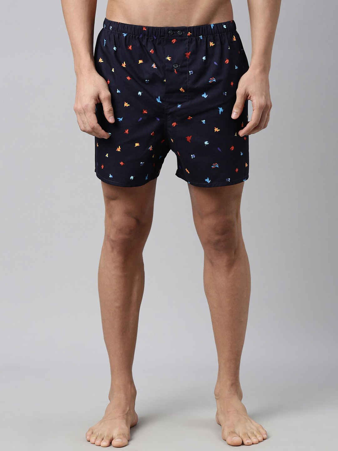 RARE RABBIT Men Navy Blue & Orange Printed Cotton Boxer NEPTUNE NAVY