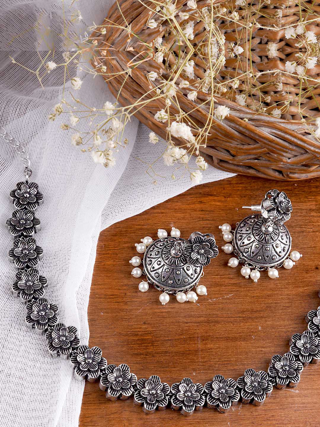 TEEJH Oxidised Silver-Plated White Pearls-Studded Shachi Floral Jewellery Set