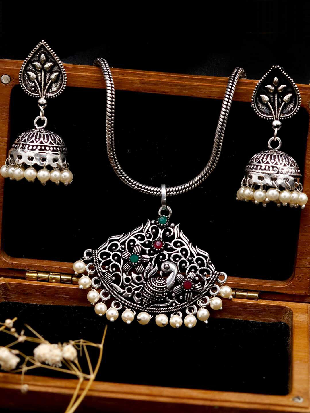 TEEJH Oxidised Silver-Plated White Artificial Stone-Studded Pavaki Jewellery Set