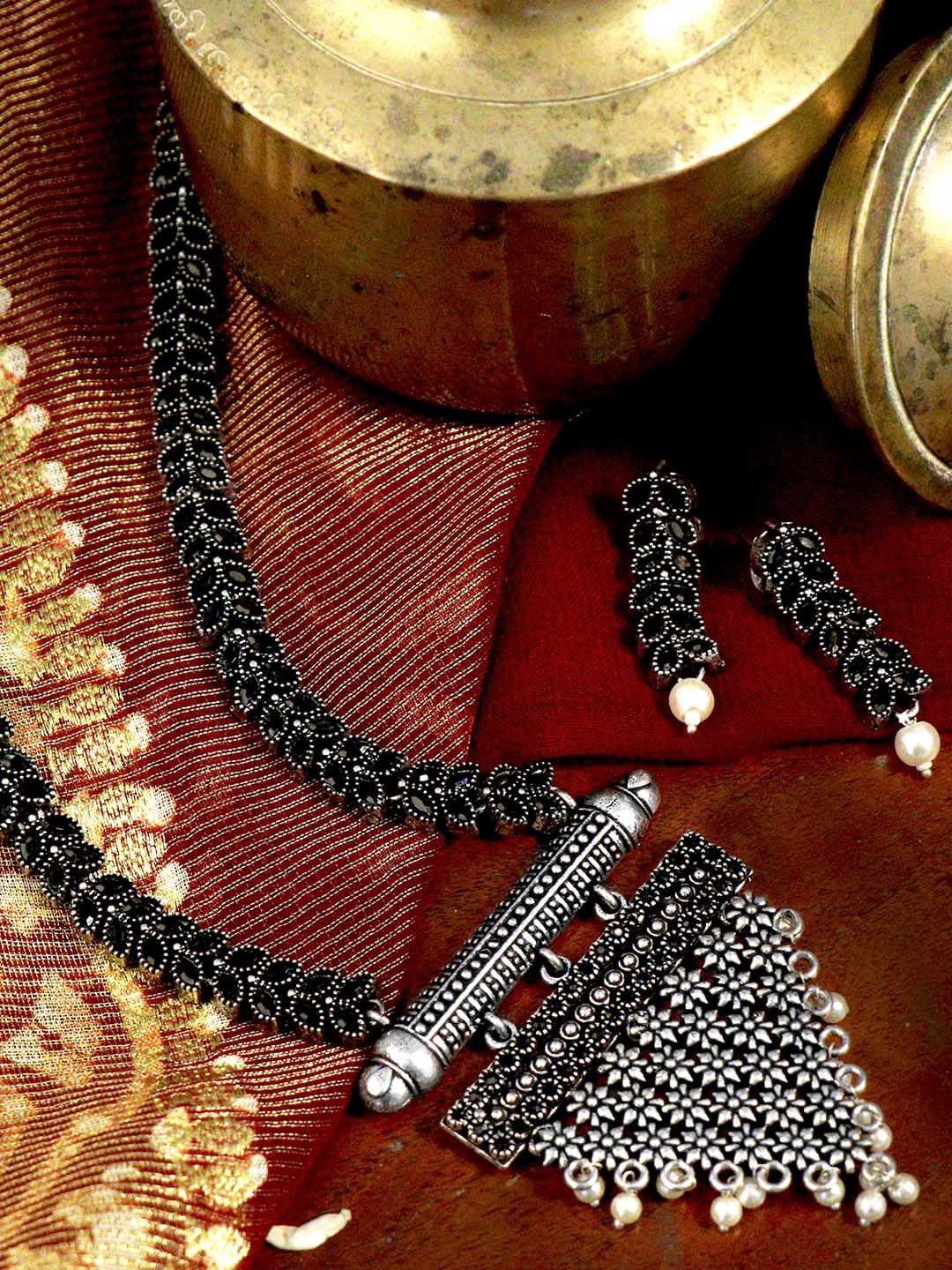 TEEJH Oxidised Silver-Plated Black Artificial Stones-Studded Jewellery Set