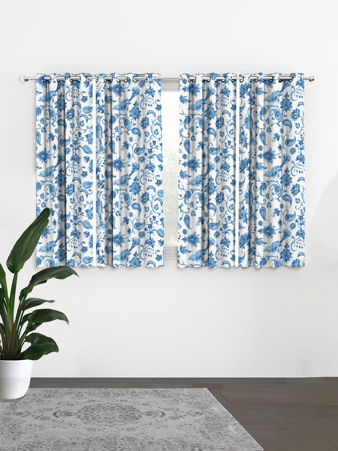 HOUZZCODE Set Of 4 White & Blue Floral Black Out Window Curtains