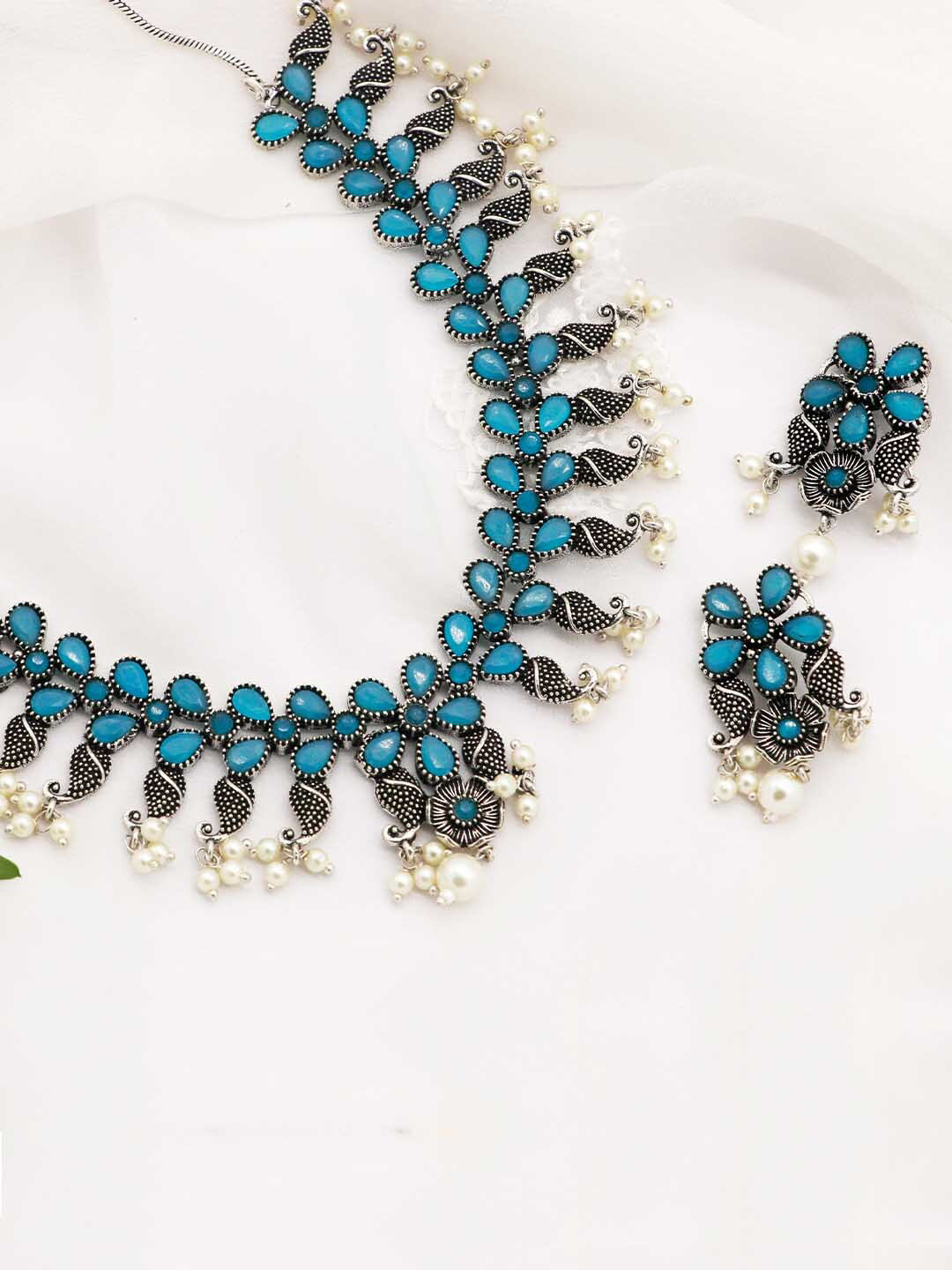 TEEJH Women Oxidised Silver-Plated Blue Artificial Stone-Studded Niranjana Jewellery Set