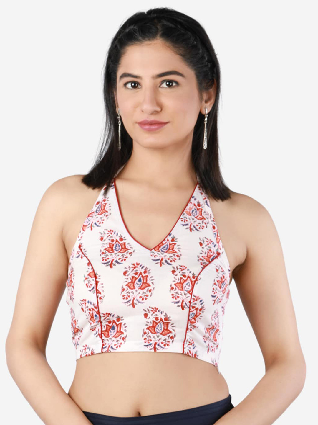 Llajja Women White & Red Handblock PrintedNon-Padded Pure Cotton Saree Blouse