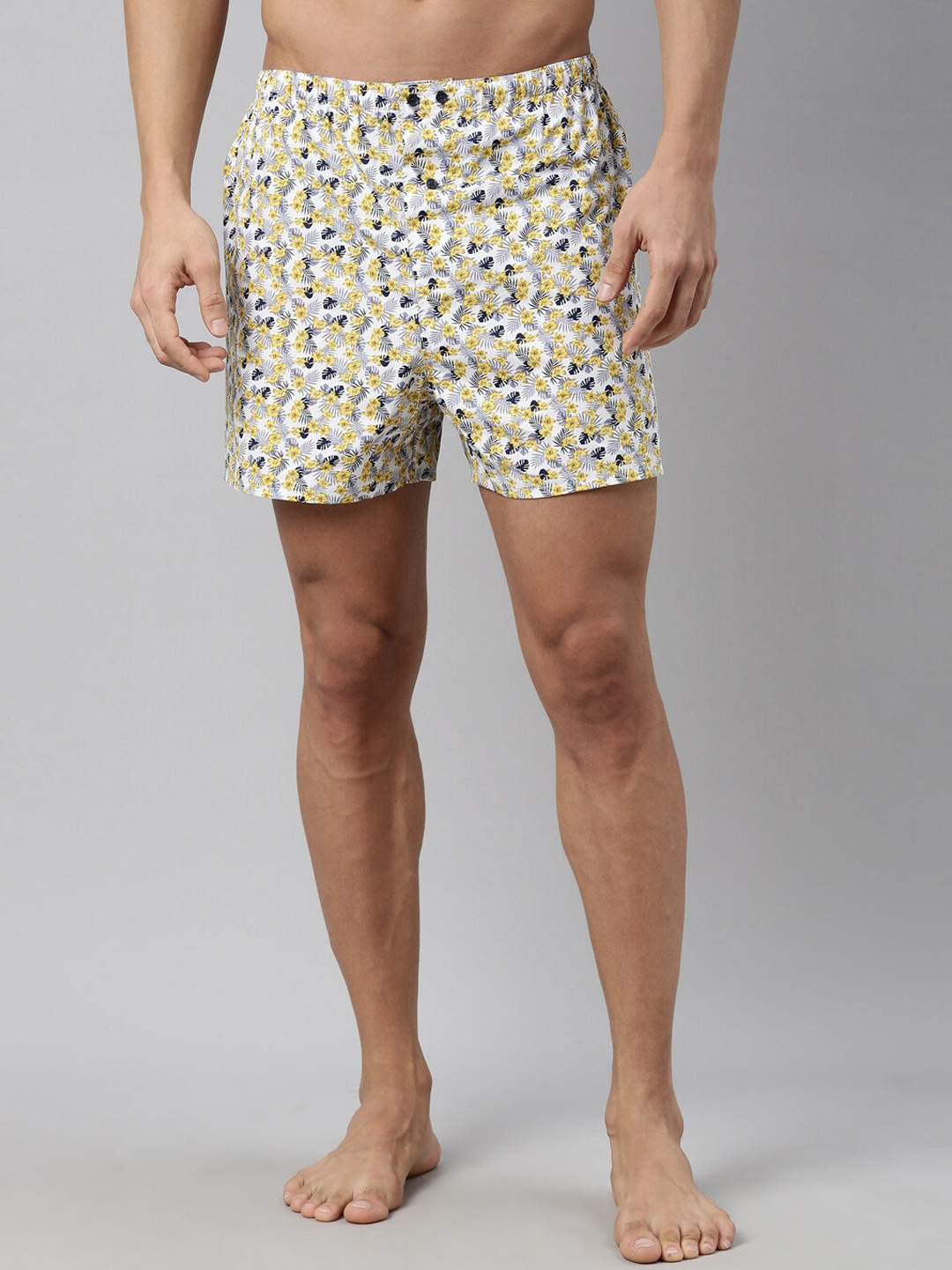 RARE RABBIT Men White & Yellow Printed Pure Cotton Boxers QUILT WHITE