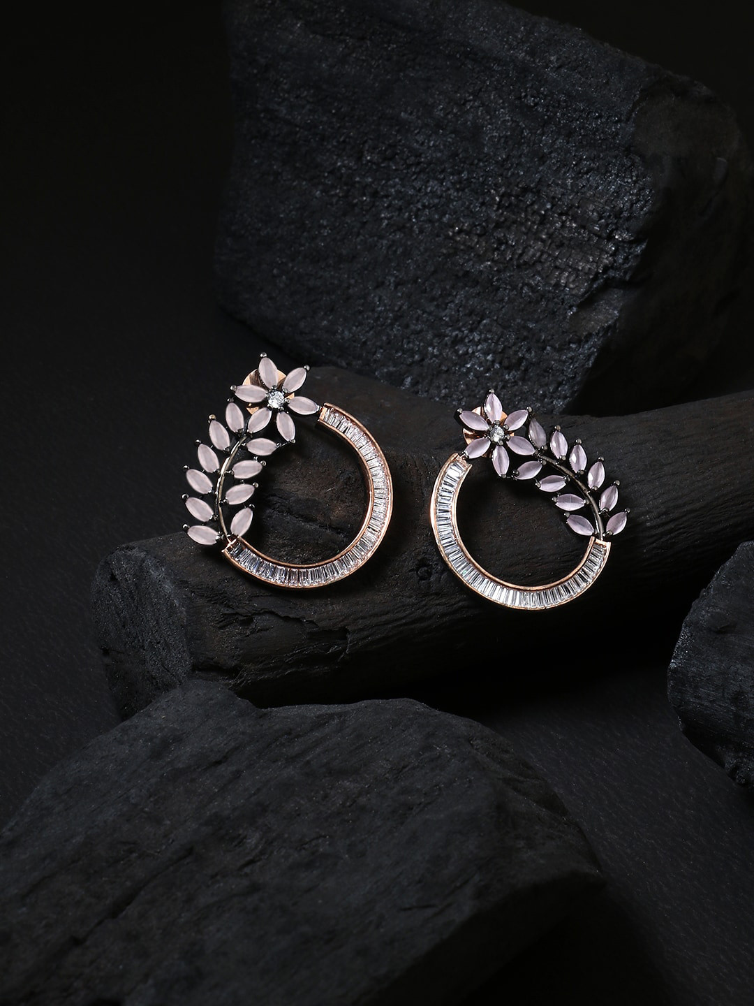 Adwitiya Collection Women Pink Stone Rose Gold-Plated Flower Stud Earrings