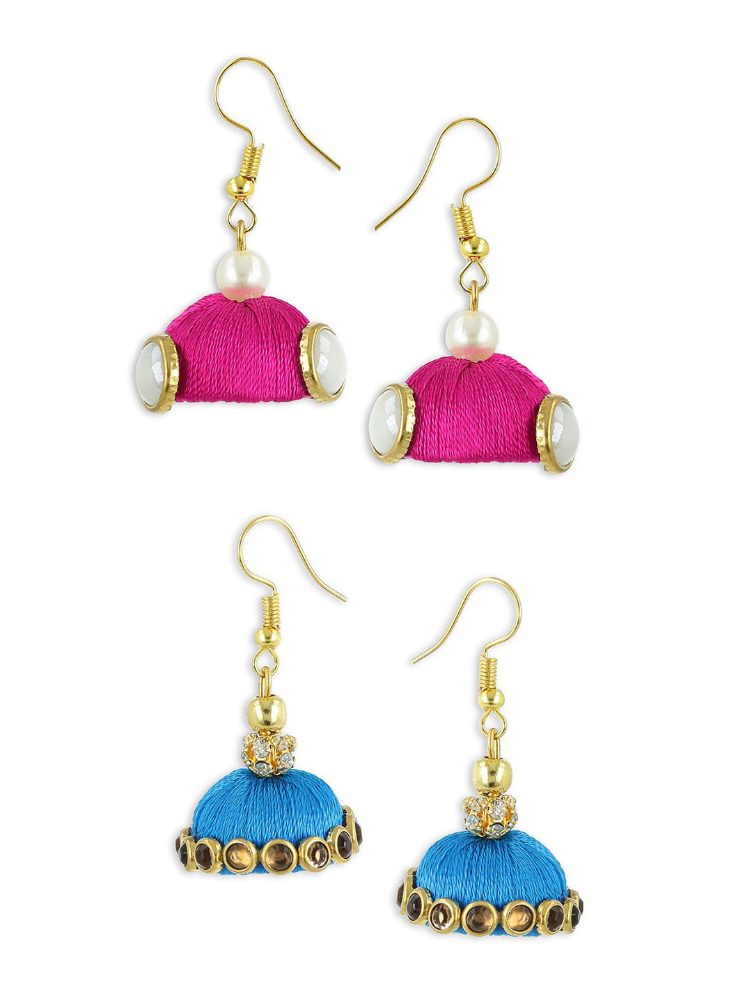 AKSHARA Set Of 2 Pink & Blue Silk Thread Wrapped Jhumkas Earrings
