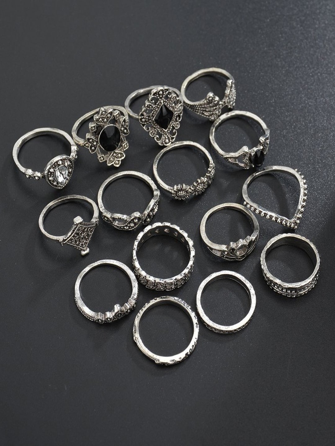 Shining Diva Fashion Set Of 15 Silver-Plated Black  White Crystal-Studded Finger Ring