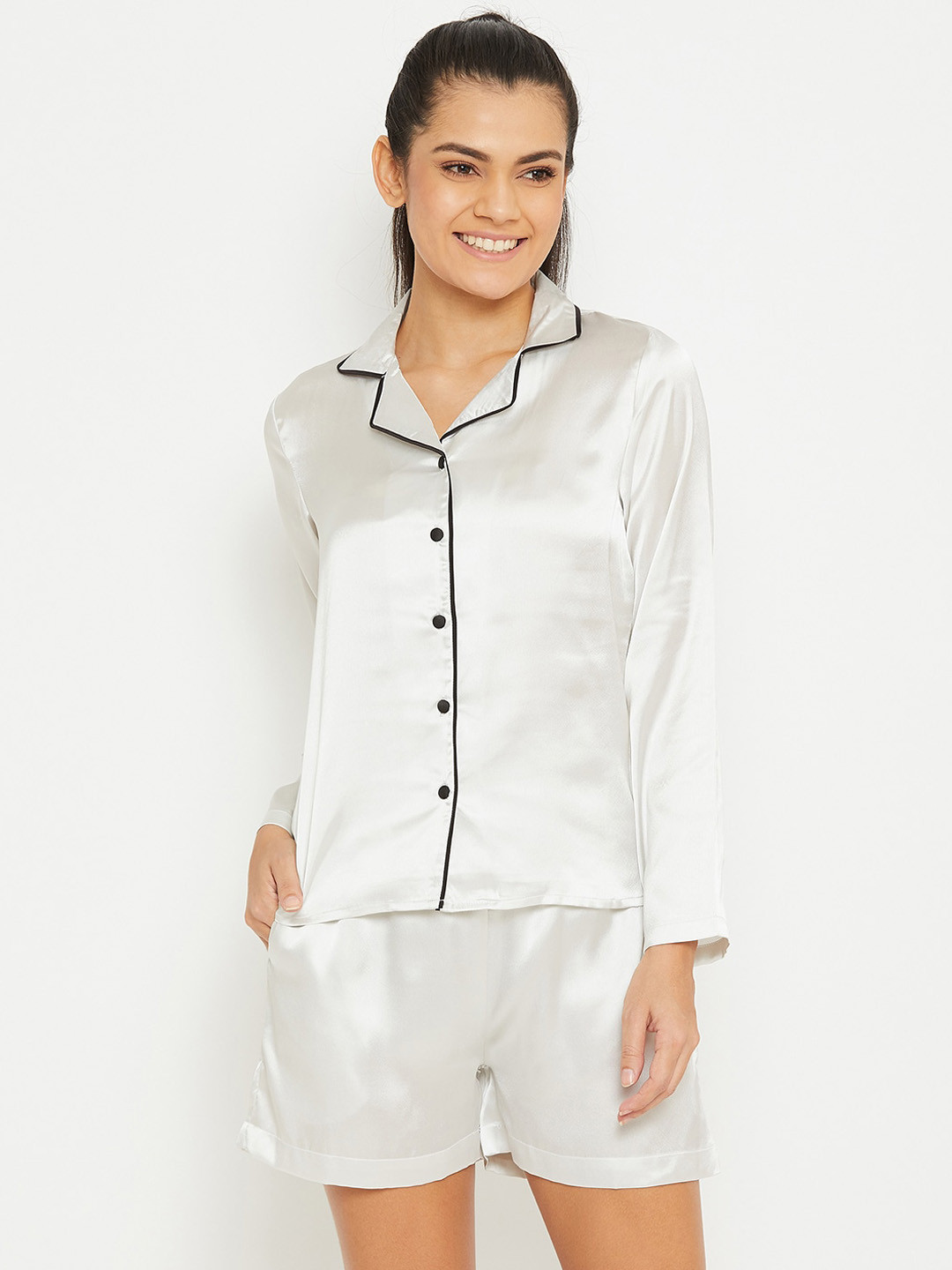 PANIT Women White & Black Satin Night suit