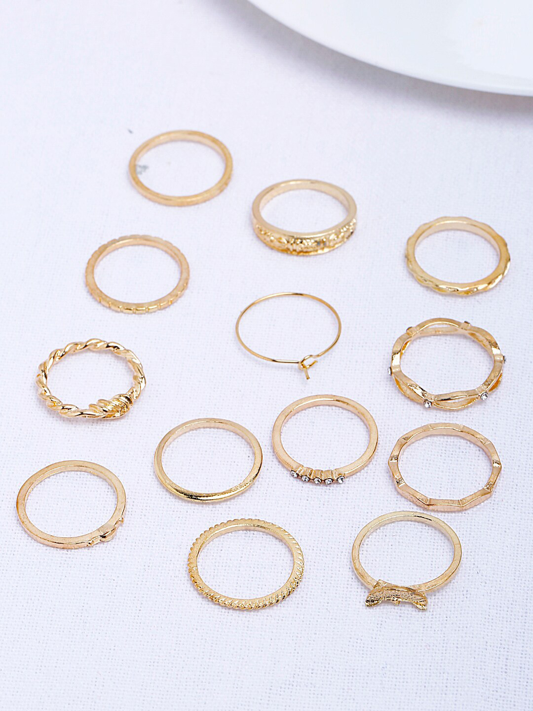 Shining Diva Fashion Set Of 13 Gold-Plated White Crystal-Studded Finger Rings
