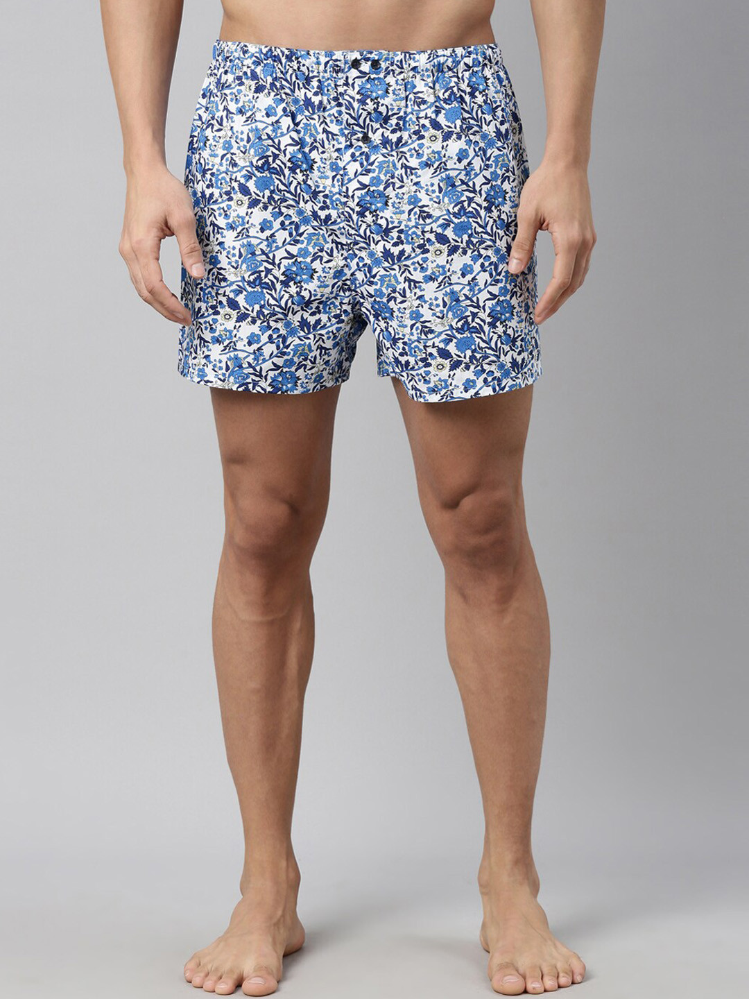 RARE RABBIT Men White & Blue Printed Pure Cotton Boxers OPUS WHITE