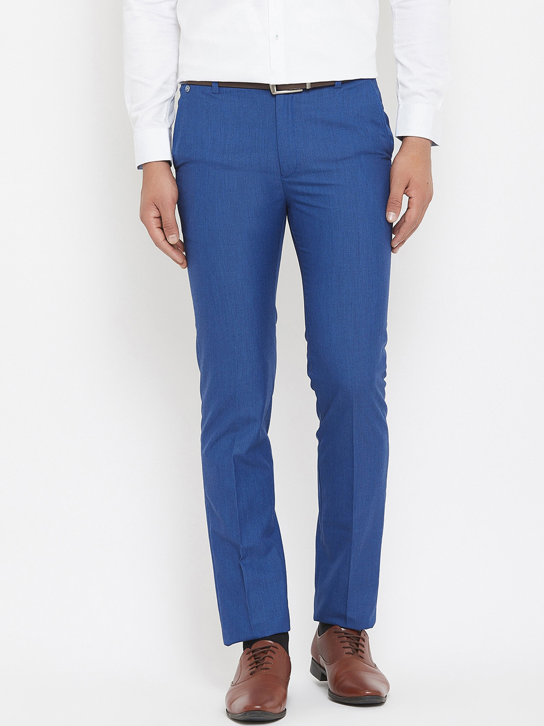 Canary London Men Blue Solid Slim Fit Formal Trousers