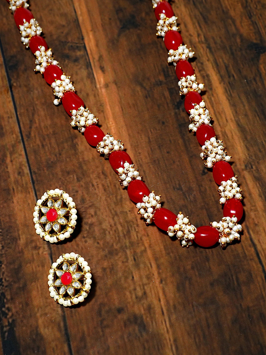 KARATCART Gold-Plated Red Pearl & Ruby-Studded Jewellery Set