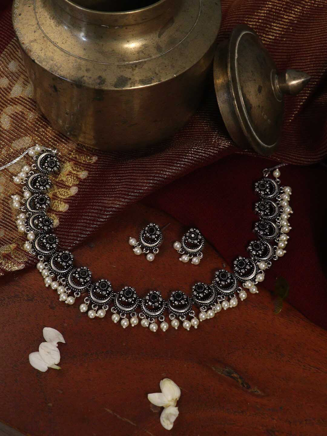 TEEJH Oxidised Silver-Plated Black & White Faux Stone-Studded & Beaded Handcrafted Jewellery Set