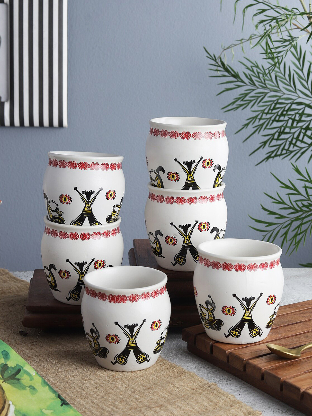 The Decor Mart Mummy Ka Mug Kripya Dur Rahein White Ethnic Motifs Ceramic Handmade 6 Piece Kulladhs-320ml
