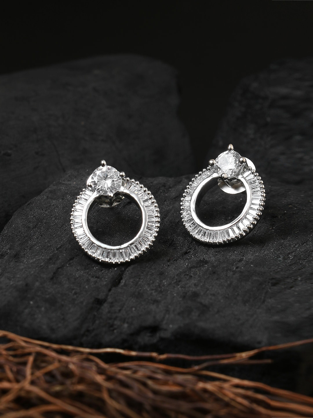 Adwitiya Collection Solitaire & Baguette Cubic Zirconia Circular Stud Earrings
