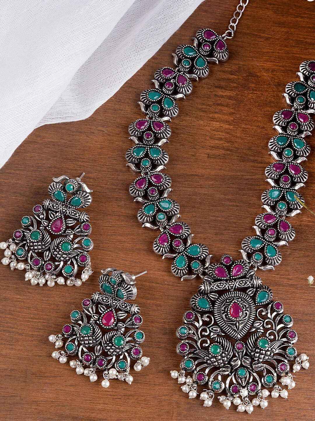 TEEJH Oxidised Silver-Plated Green Artificial Stones-Studded Nishka Jewellery Set